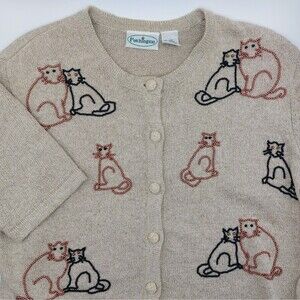 Patchington Linen Blend Beaded Cats Cardigan Women's Medium Tan Sweater Vintage